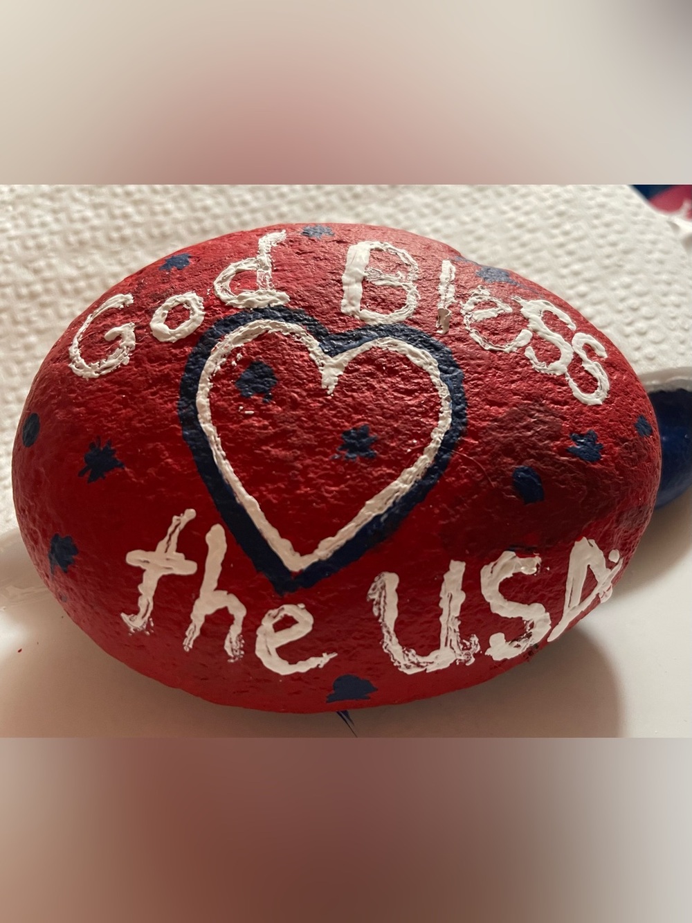 Hand-Painted Red Patriotic Heart Rock - God Bless the USA